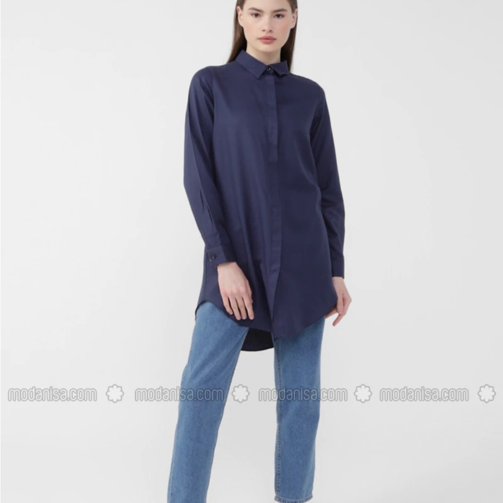 Navy Blue - Navy Blue - Point Collar - Tunic